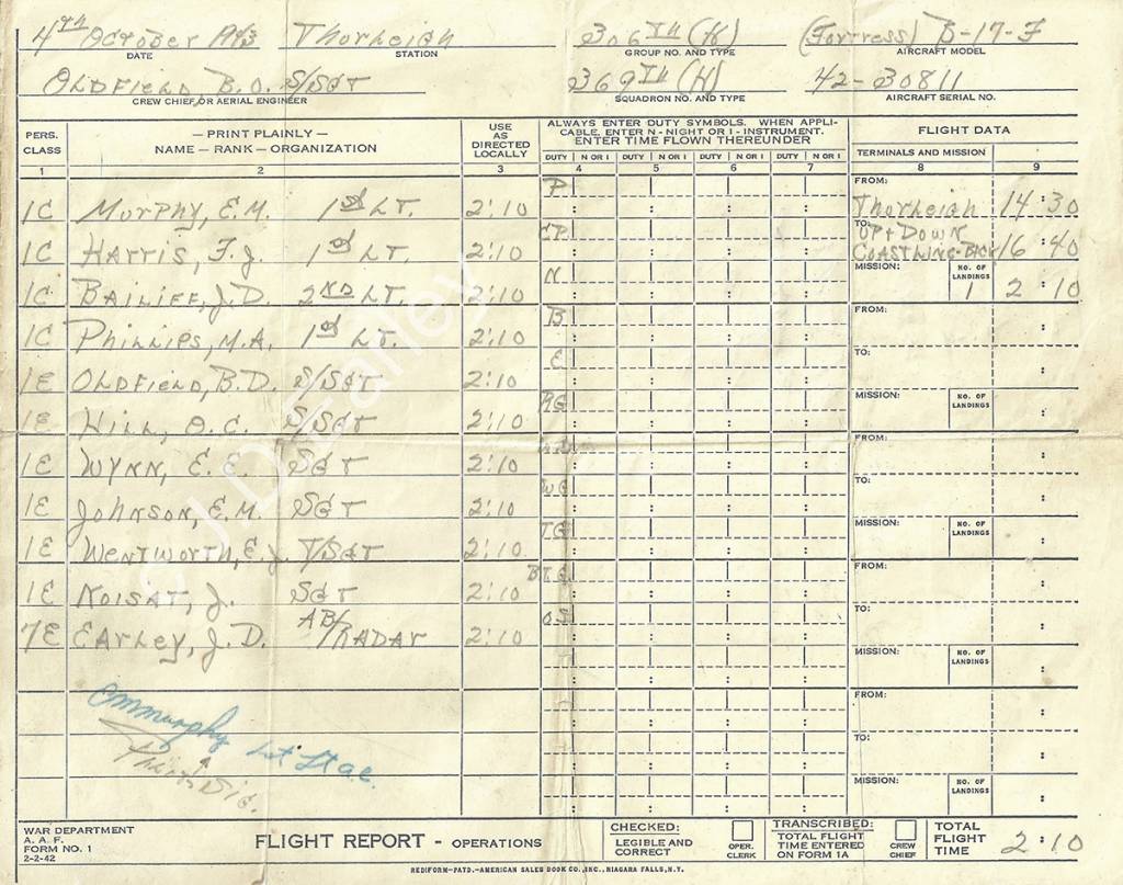 Flight log of John Earley. A test flight, 10 days before the Schweinfurt-Raid. More see comments below. Photo: © Nicholas Earley